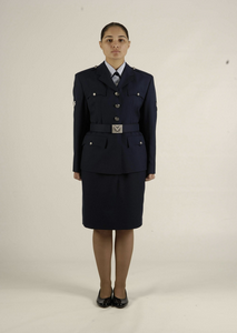 A woman is dressed and ready for the day in her air force outfit. This is the basic air force non-combat uniform. As you rank up, you gain more pins and decor to show your rank and achievements.