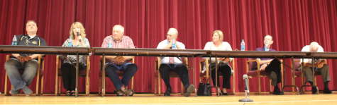Seven members of the community ran for the school board. This pictures was taken at the forum on Aug. 25. Pictured left to right : Mark Foegen, Jenny Williams, Doug Bierbaum, Dennis Schwanke, Allison Bruckner, Bob Drogo, Dr. Keith Swanson