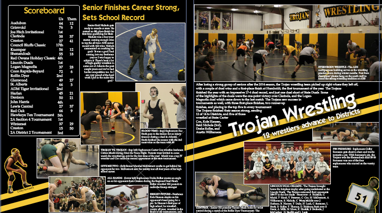 Trojan Wrestling yearbook page from 2015 Javelin. Page designed by Tanner Mauk.