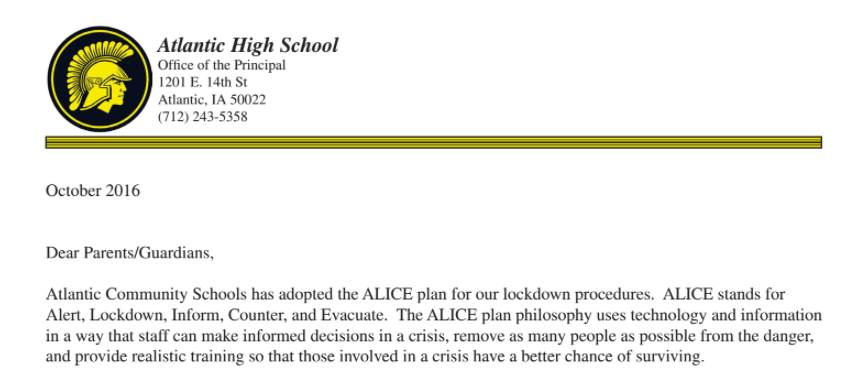 Screen shot of letter sent to parents explaining ALICE drill to be conducted Nov. 4, 2016 at AHS.
