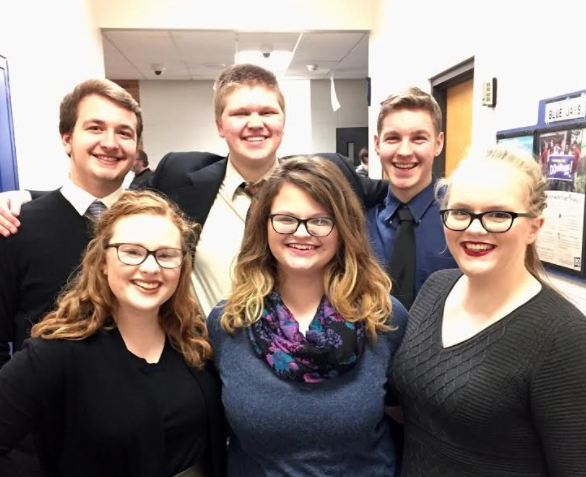 SOMETHING ROTTEN-Students prepare to perform selections from the musical Something Rotten! at the district competition. Alex Williams, Josh McClean, Aaron Rothfusz, Sarah Fixmer, Sarah Schorle, and Rebekah Hallman prepared for over two weeks for the district competition. The group will compete at the state level in February.