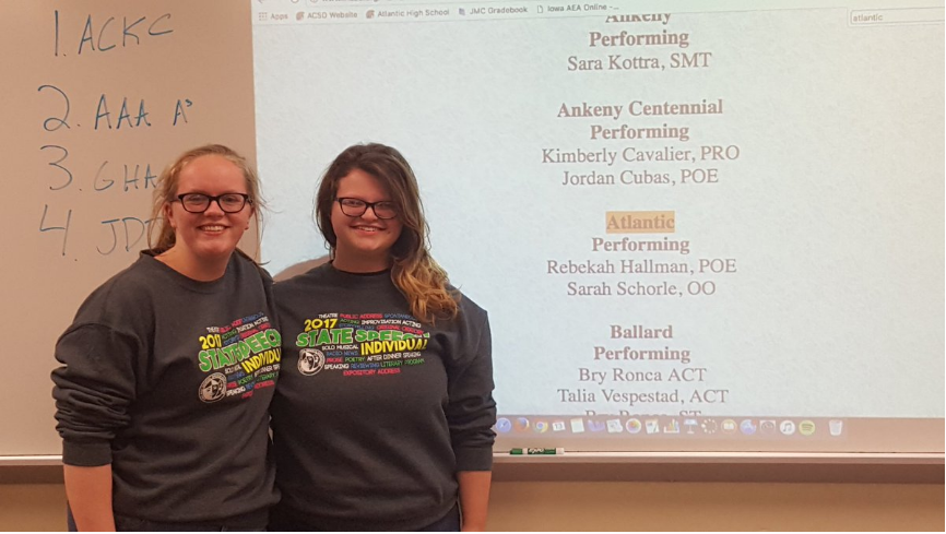 IS THAT ME?-I kept looking up at the board because I thought maybe I had looked at it wrong, sophomore Sarah Schorle(right) says about learning she made All State. This is her first time All Stating in speech and the second for junior Rebekah Hallman(left).