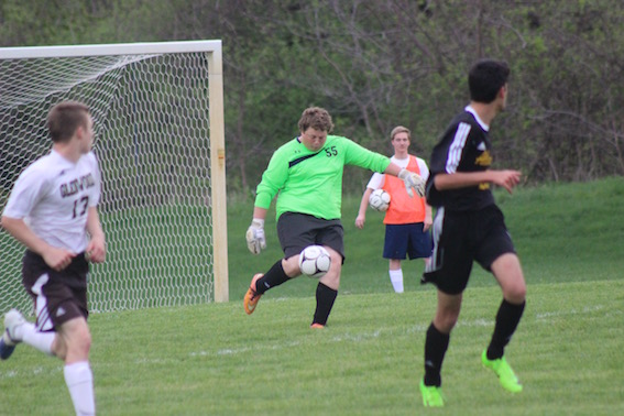 Senior Kyle Redinbaugh returns the ball after an attempted goal.