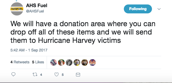 AHS Fuel Requests Hurricane Harvey Donations