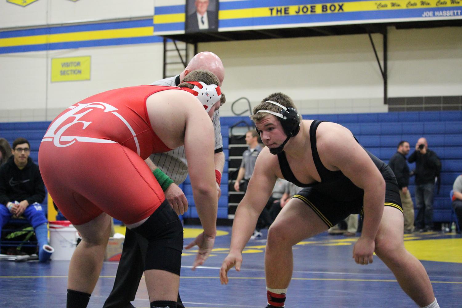 Senior John McConkey placed first overall this weekend. In the picture above he faces off in his first match at Humboldt.