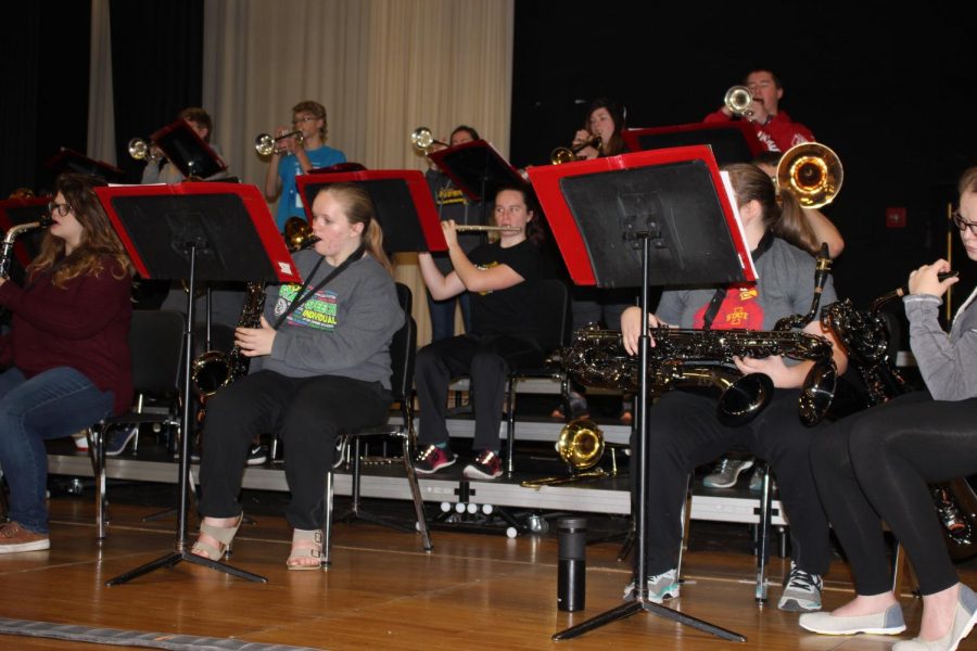 JAZZY- Jazz band practices on stage. Concert band has also begun practice and will perform on Dec. 11 in their first concert of the season. 