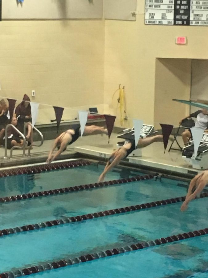 Freshman+Ava+Bruckner+dives+into+her+first+high+school+swim+meet.+Bruckner+is+one+of+three+freshmen+on+the+2018+team.