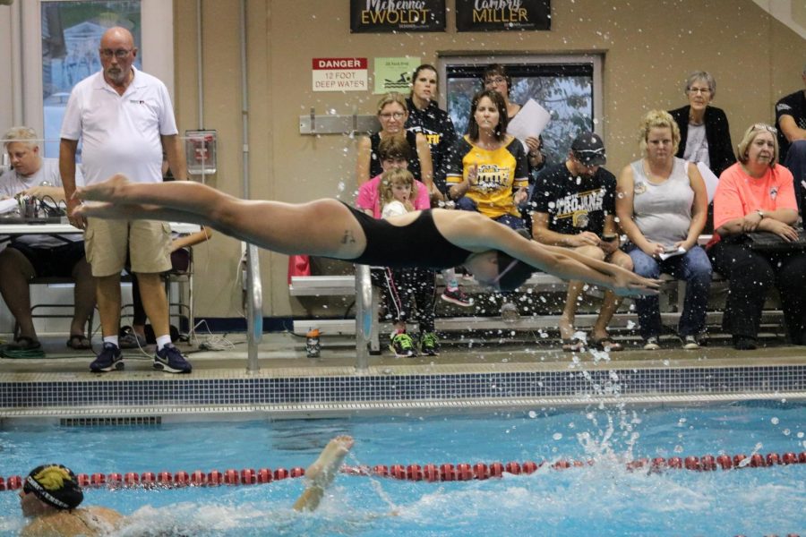 FLYING HIGH -Senior Cambry Miller jumps from the block to continue a relay.  Miller has swum all four years of high school and is one of two seniors on the team. 