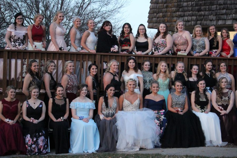 LINE UP - 2018 graduate girls pose for the traditional senior picture. Shown are some examples of dress styles from last year.