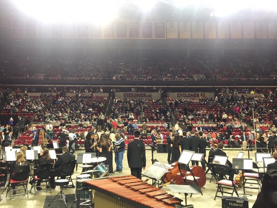 HANGING OUT - Participants congregate in Hilton Coliseum before the All-State Festival. 