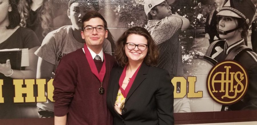 READY TO GO - Sophomore Troy Roach and senior Sarah Schorle smile following the results of a competition. Roach and Schorle have both competed in student congress and also perform a duo piece together.