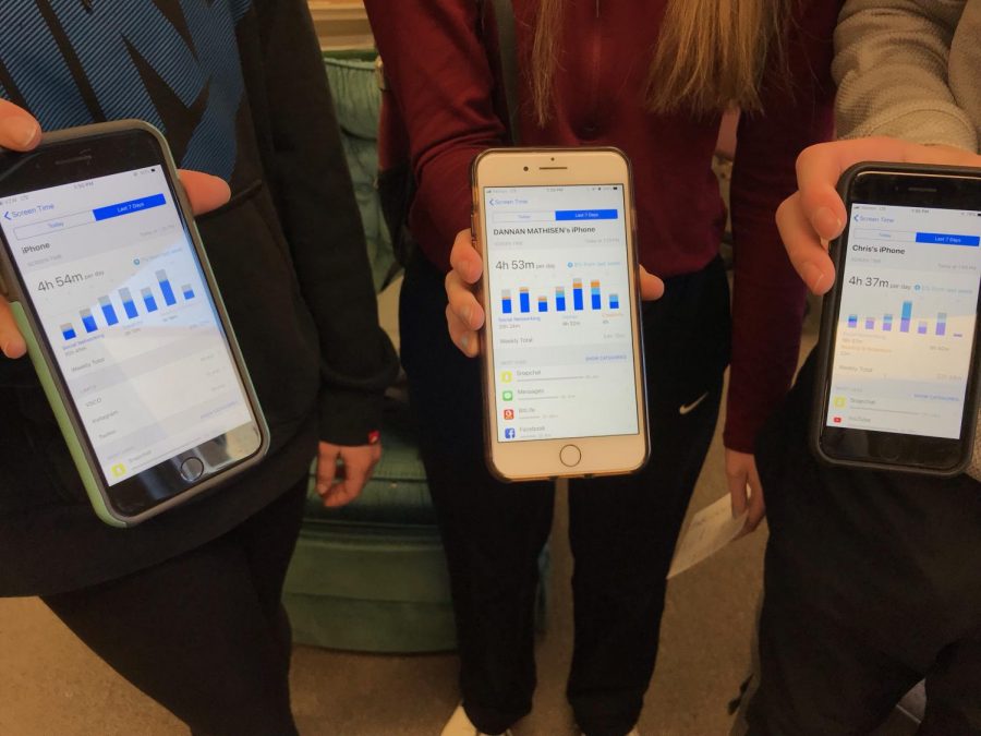 ADDICTED - Students at AHS show the daily amount of time they spend on their phones. Users across the country are continuing to increase the amount of time they spend on their phones, with an average of five hours per day.