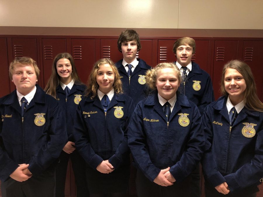 CONDUCTING BUSINESS - Drey Newell, Alyssa Derby, Hannah Carlson, Garrett Reynolds, Aspen Niklasen, Skyler Handlos and Taylor McCreedy made up the conduct team for the 2019 Southwest District CDEs. At the end of the day, the group placed fifth.
