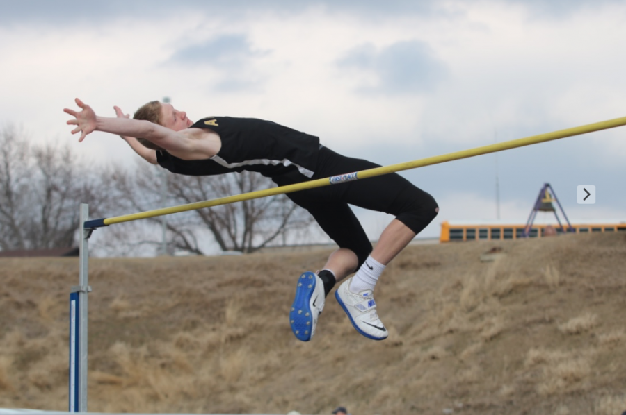 FLYING HIGH - Junior Spencer Ray makes another attempt during the high jump event at the Denison track meet. Ray qualified for the state meet in high jump during the 2018 season.