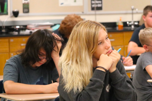 Freshman Ella Rossell concentrates in class. Rossell is one of 21 new high school students this year.