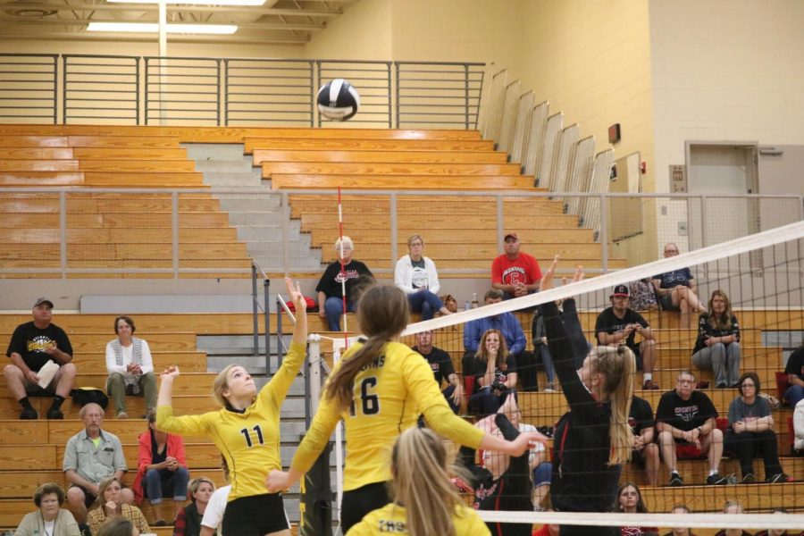 The front row crew of juniors Caroline Pellett and Haley Rasmussen, along with freshman Aubrey Guyer go up against Creston this season. Pellett and Guyer are hitters, while Rasmussen is the setter.