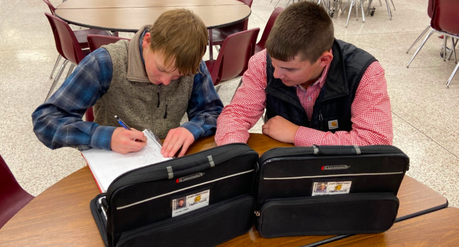 Freshmen Dylan Comes and Daniel Freund work on math during study hall. Student interaction in higher-order thinking rates a five on the student-engagement scale.