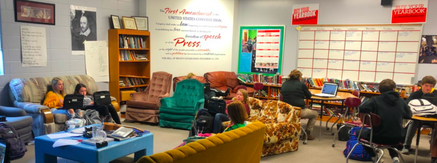 The Intro to Journalism kids kick back during independent work time. Allison Berryhill teaches the class. 