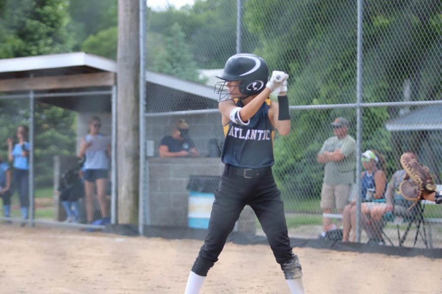 Freshman Ava Rush waits for her pitch. Rush was a courtesy runner during the 2019 season.