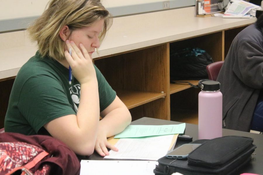 Junior Reagan Watson studies for chemistry during AO time. Many students use the assigned slot of time to ask questions in classes they need help in.