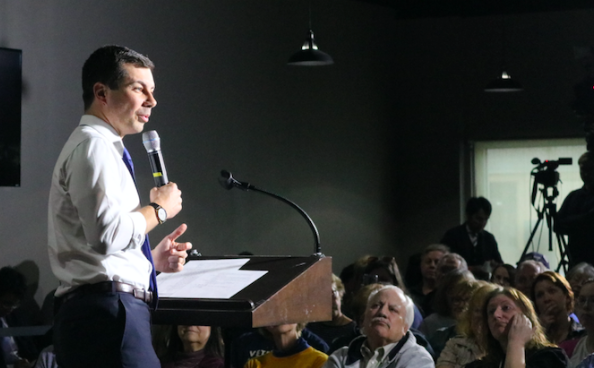 Presidential-hopeful Pete Buttigieg speaks to Atlantic residents last fall. Buttigieg is third in the latest Iowa poll, with 15.5 percent.