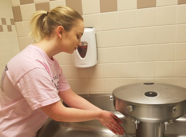 Junior Shayla Luke demonstrates good hygiene by using the soap and sink provided in the schools bathrooms. These dispensers are available for students to use around the school. Classrooms often have hand sanitizer available as well.