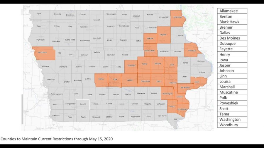 This map of Iowa was shown during press conferences held by Governor Kim Reynolds. The counties in grey will begin reopening on May 1.