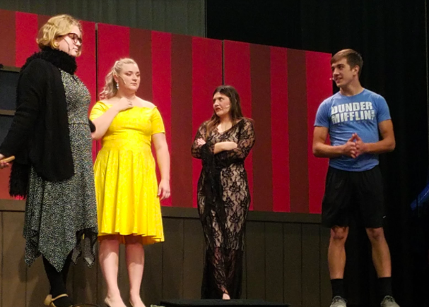 Seniors Molly McFadden, Camryn Church, Genevieve Martinez, and Colten Tasto converse in preparation for the two hour practice that occurred afterwards. Each has a leading role in the musical.