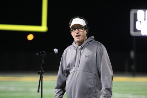 Coach Mike McDermott addresses the crowd at the Homecoming pep rally on Oct. 5, 2020. The rally was held in the newly renovated Trojan Bowl.