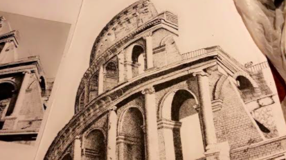 The Roman Coliseum catches the attention of many at a previous Hawkeye-10 Art Show. Senior Isabellah Petersons stippling is one of her many award-winning pieces of artwork.