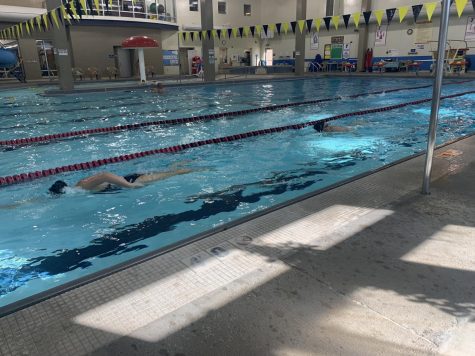 The girls swim team swims laps in the YMCA pool during the 2021-22 swim season. The team had seven members, which is the fewest number of participants it has had in years.