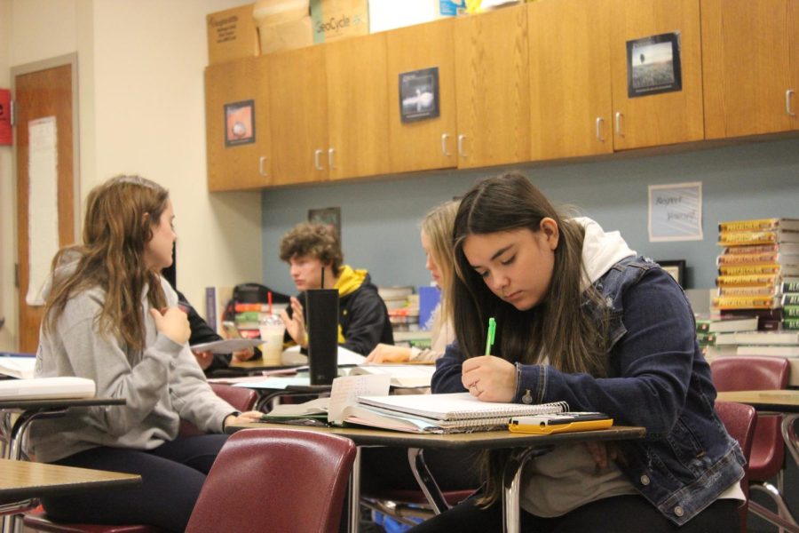 Junior Sofia Mendez solves her problems with her calculator at her side. Mendez was in math teacher Sheila Haydens statistics class, learning to examine claims. Its one of my favorite units, said Hayden.