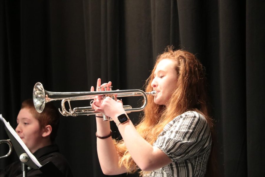 TRUMP IT UP - Senior Bindi Page plays trumpet alongside Zii Nath. AHS hosted six other bands for Saturdays State Jazz Band contest. 