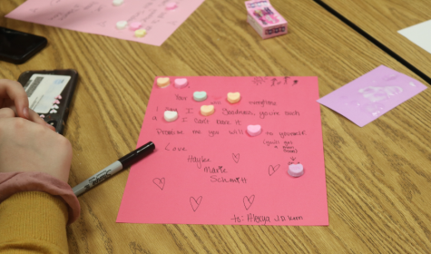 SWEET LOVE -Students in the Creative Writing A-O made Valentines with conversation hearts.