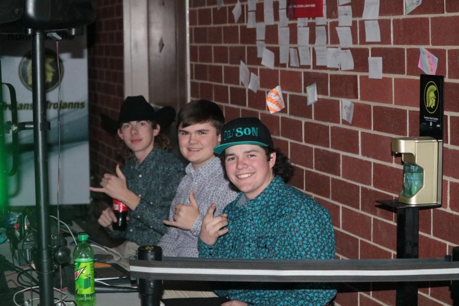 DJS- (left to right) Seniors Cooper Jipsen, Logan Eilits, and Wyatt Redinbaugh, and junior Dylan Comes (not pictured) controlled the music during the dance. In the past, AHS has hired a DJ but this year its different: Student or teacher ran. 