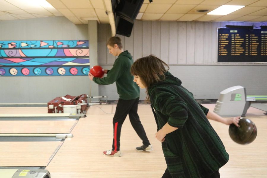 Amelia Peterson prepares to bowl and hopes for a strike. The PE class played bowling tournaments during first semester. 