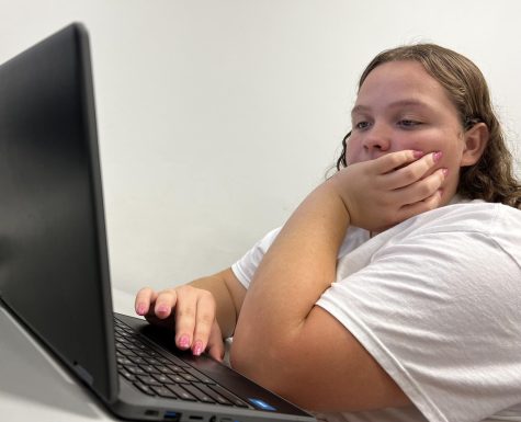 Senior Chrissy Thomas works on her college class on her chromebook. I think the state trooper is good to come and talk to AHS so we can get educated on what to post or not.