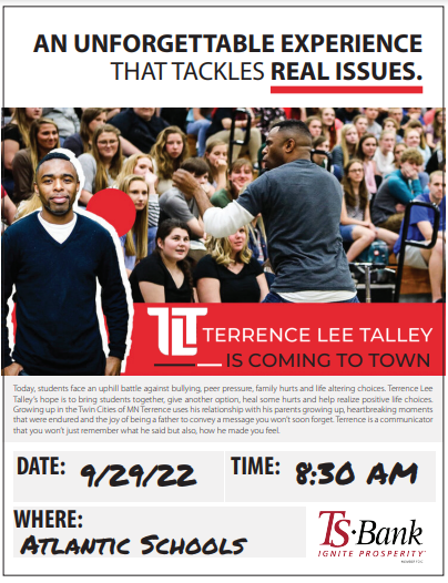 Principal Heather McKay sent students a flyer that highlights the speaker, Terrence Lee Talley.