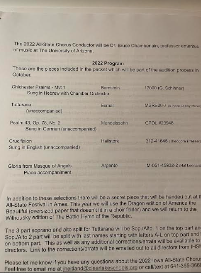 These are the songs All-State auditioners will sing for their audition, which is to take place October 22nd. Choir all-state auditioners wont know the cuts of the songs they are going to sing until the morning of the audition day.