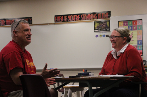 Even Teachers Need a Break - 
Despite visiting her to talk about how his son is doing in Statistics, Mark Foegen and Sheila Hayden are talking about anything other than that. Having discussed life stories, it was a good break from talking about math all night. After all, teachers (even math teachers) are humans as well!