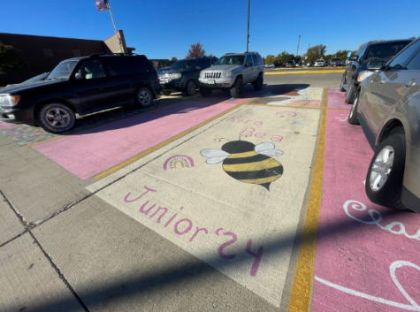 Junior Kyra Rinks parking spot features a bee in honor of her middle name, Bea. Students at AHS are buzzing about her painting.