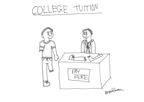 HIGH TUITION-
Senior Ally Peterson drew a editorial drawing about how high tuition college tuition is. Peterson talked about how students that want to continue education will have to pay an arm and a leg to afford it.