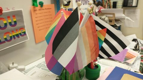 Ms. Niceswanger keeps a jar of pride flags in her classroom. Other teachers also show support for the QSA with flags, stickers, and posters.
