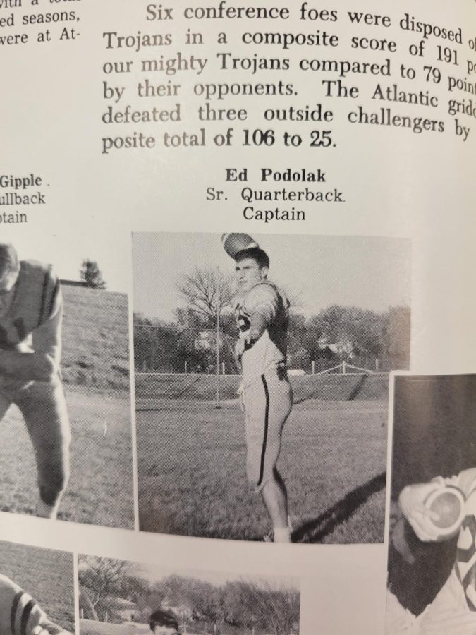 Ed Podolaks face can be seen in a few Javelin Yearbooks. Here, he holds a football for his Quarterback Captain picture in the yearbook. (Katie Birge)