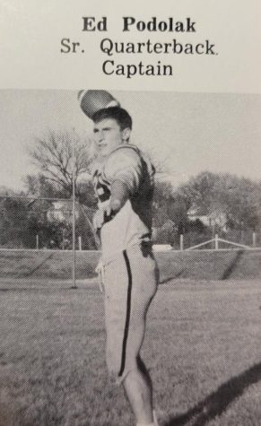 Ed Podolaks face can be seen in a few Javelin Yearbooks. Here, he holds a football for his Quarterback Captain picture in the yearbook. (Katie Birge)