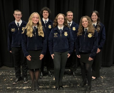 The 2023-2024 Atlantic FFA Chapter Officers (back) Colton Rudy, Roth Den Beste, Wyatt Simons, Lily Johnson. (front) Claire Pellett, Charli Goff, Lola Comes.