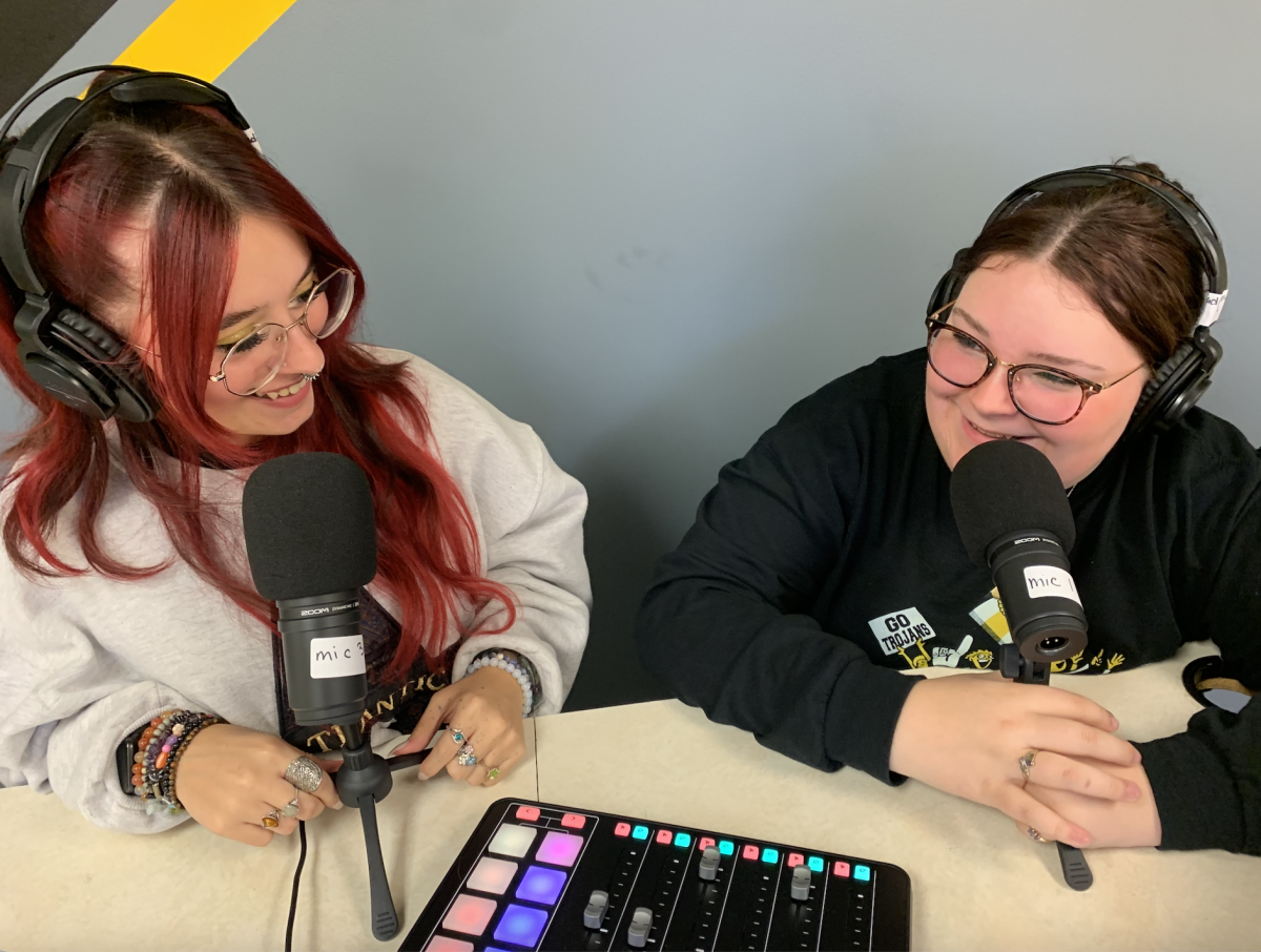 Podcasters Kate Nichols and Ella Meyer use new equipment purchased by the ACSD Foundation. After attending Media Now journalism camp at Drake University last summer, Nichols and Meyer have plans to take AHS podcasting into a new era.