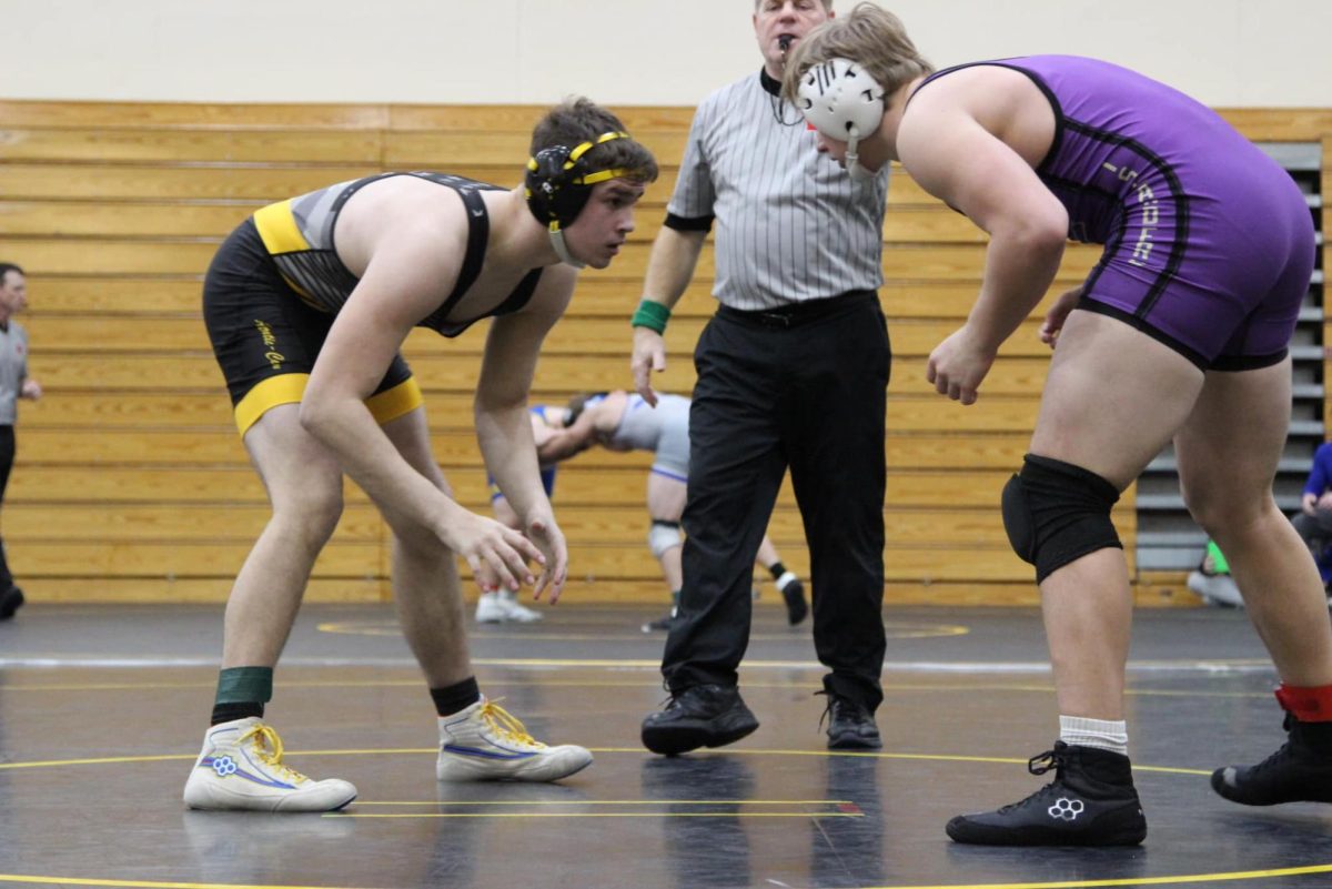 Senior Cohen Bruce ready to get a two-point takedown. 