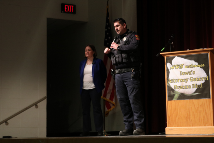 Brenda Bird and Devin Hogue shared the impact of Fentanyl to the students of AHS.