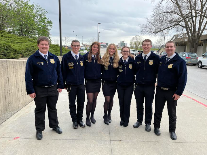 FFA members received their Iowa Degrees and were recognized at one of the general sessions during the convention. Left to Right: Parker Brock, Colton Rudy, Callee Pellett, Claire Pellett, Charli Goff, Colton Becker, Wyatt Simons. Missing Roth Den Beste.